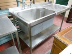 *AN ALL STAINLESS STEEL SINK AND DRAINER with taps and base shelf, 150 x 70 cms