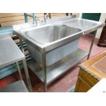 *AN ALL STAINLESS STEEL SINK AND DRAINER with taps and base shelf, 150 x 70 cms