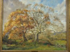 SIR CHARLES WHEELER (1892-1974) oil on board - rural scene entitled 'Twin Oaks', initialled and