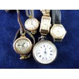 A PARCEL OF FOUR NINE CARAT GOLD ENCASED LADY'S WRISTWATCHES, dials of various shapes and a lady's