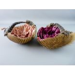 TWO VICTORIAN TAXIDERMY BASKETS formed from armadillo shells with satin lined interiors with