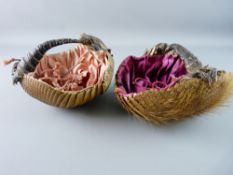 TWO VICTORIAN TAXIDERMY BASKETS formed from armadillo shells with satin lined interiors with