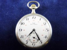 AN LIP TYPE COURANT OPEN FACED POCKET WATCH, the white metal case back with repousse style