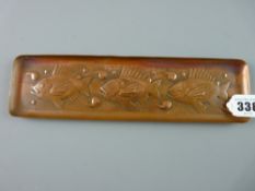A NEWLYN COPPER ARTS AND CRAFTS RECTANGULAR TRAY showing three fish swimming amongst bubbles,