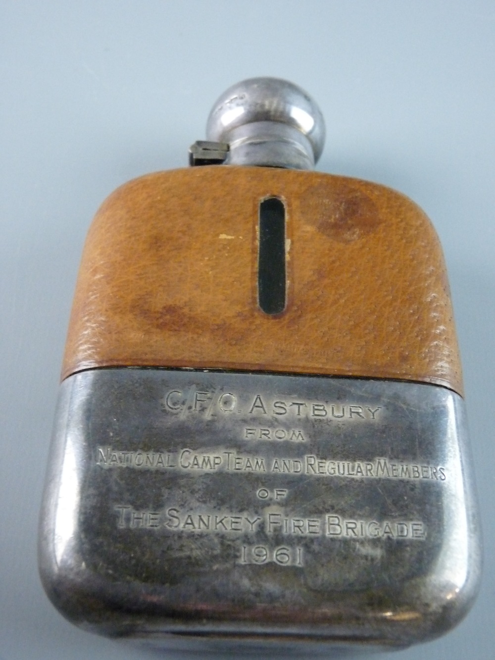 A GARRARD SILVER, LEATHER AND GLASS HIP FLASK, Sheffield hallmarks for 1959, the removable cup