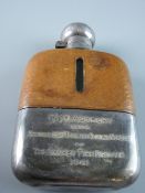 A GARRARD SILVER, LEATHER AND GLASS HIP FLASK, Sheffield hallmarks for 1959, the removable cup