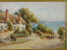 S P WINDER watercolour - coastal thatched cottage with figures and poultry and cattle on a track,