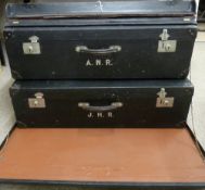 A VINTAGE CAR LUGGAGE TRUNK by Dunhills of London having clip fasteners and central lock, drop