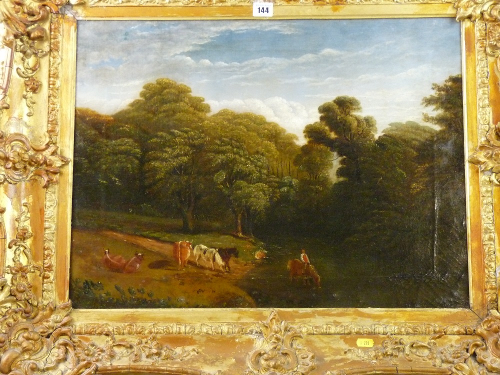 19th CENTURY OIL ON CANVAS - pastoral scene with horse and rider watering and cattle on the bank,