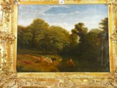 19th CENTURY OIL ON CANVAS - pastoral scene with horse and rider watering and cattle on the bank,