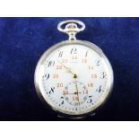 A ZENITH OPEN FACED POCKET WATCH in silver case, the white enamel dial set with Arabic numerals