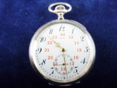 A ZENITH OPEN FACED POCKET WATCH in silver case, the white enamel dial set with Arabic numerals