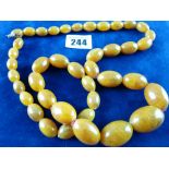 A GRADUATED AMBER BEAD NECKLACE with screw-in clasp, forty one in total, 3 cms the largest, 78 cms