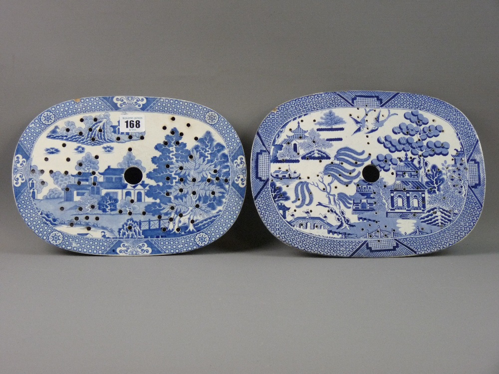 TWO BLUE AND WHITE CERAMIC DRAINERS, a 19th Century Spode 'Pagoda' pattern and a 'Willow' pattern