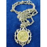 A NINE CARAT GOLD NECK CHAIN AND SOVEREIGN PENDANT, triple link chain, 10 grms, having a scrolled