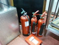 *A PARCEL OF THREE FLOOR STANDING FIRE EXTINGUISHERS (all sealed) and a fire blanket