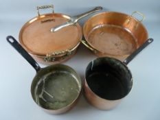ANTIQUE COPPER COOKING PANS to include a 34 cms diameter seamless pan with foldover rim and brass