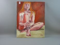 CARL F HODGSON oil on box canvas - seated nude lady entitled 'Just Red', signed with initials, 64