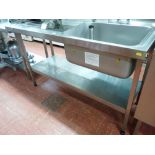 *AN ALL STAINLESS STEEL SINK AND DRAINER with taps and base shelf, 150 x 65 cms