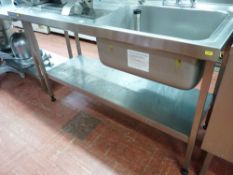 *AN ALL STAINLESS STEEL SINK AND DRAINER with taps and base shelf, 150 x 65 cms