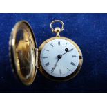 A CIRCA 1860 FULL HUNTER LADY'S WATCH with verge movement, believed eighteen carat gold case with