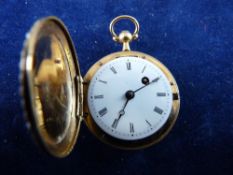 A CIRCA 1860 FULL HUNTER LADY'S WATCH with verge movement, believed eighteen carat gold case with