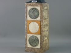 A LARGE TROIKA POTTERY CHIMNEY VASE, square form with raised and incised abstract designs, 32.5