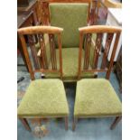 AN EDWARDIAN INLAID MAHOGANY SALON ARMCHAIR AND FOUR HIGH BACKED SIDE CHAIRS, matching inlay and