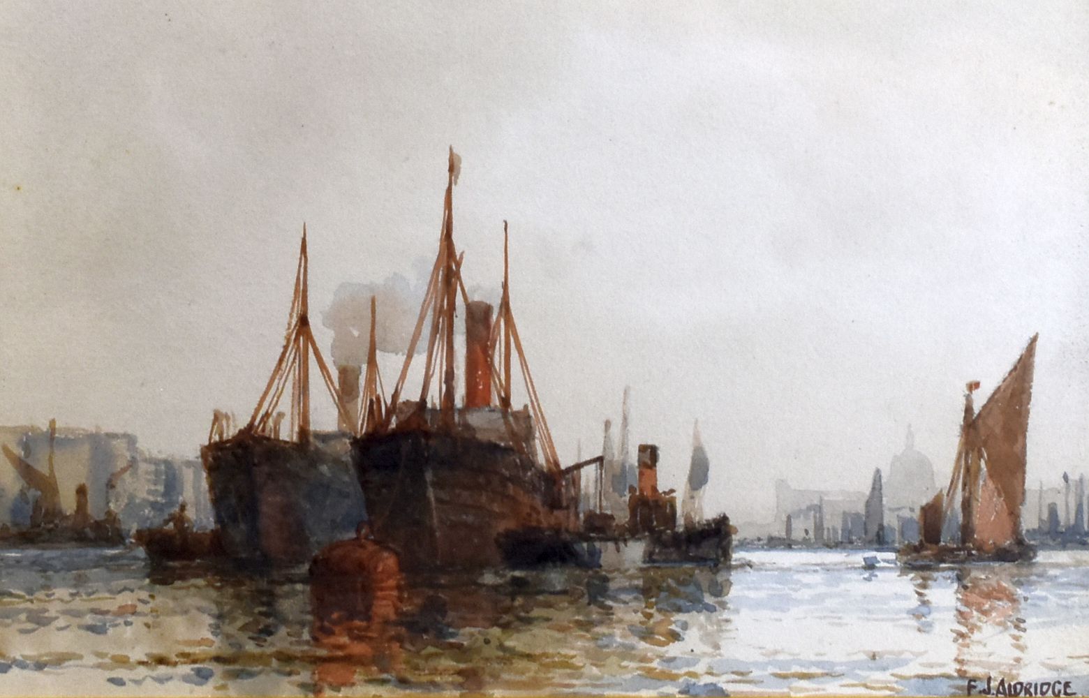 F J ALDRIDGE watercolour - London shipping scene