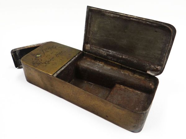 A NINETEENTH CENTURY BRASS TOBACCO BOX of rounded rectangular form and with two compartments, the - Image 2 of 2