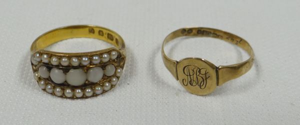A NINETEENTH CENTURY GOLD & PEARL RING marked 18ct and another 9ct ring