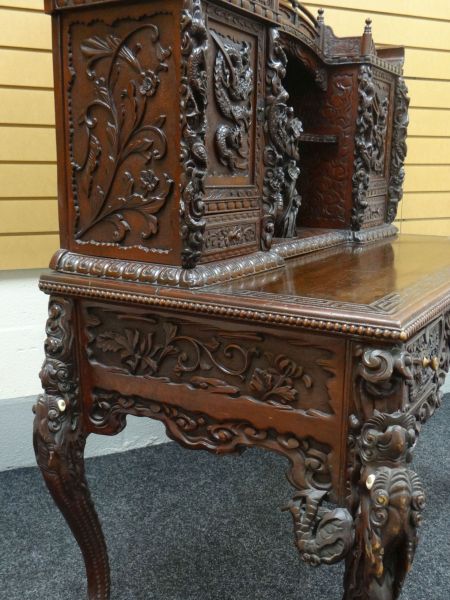 A JAPANESE MEIJI CARVED DESK with cabinet and recess top and base of two drawers, heavily carved - Image 6 of 6