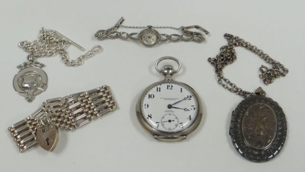 A PARCEL OF SILVER JEWELLERY including pocket watch, cocktail watch, gate bracelet, trophy pendant