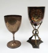 A SILVER GOBLET & A VICTORIAN EPNS RIFLE COMPETITION GOBLET, the silver goblet of plain form