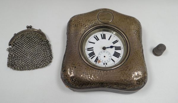 A SILVER POCKET-WATCH HOLDER & watch (distressed), together with a chain-mail purse and silver