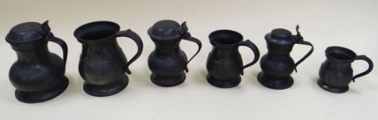 COLLECTION OF SIX PEWTER MUGS the three with hinged lids and thumb-spurs having touch-marks