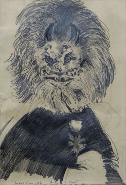 ANDREW VICARI pencil sketch - entitled 'Beauty and the Beast' signed and dated 1964, 49 x 34cms