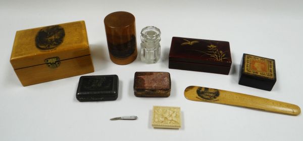 A PARCEL OF MAUCHLINE & INTERESTING BOXES ETC including a carved ivory stamp box with sliding lid