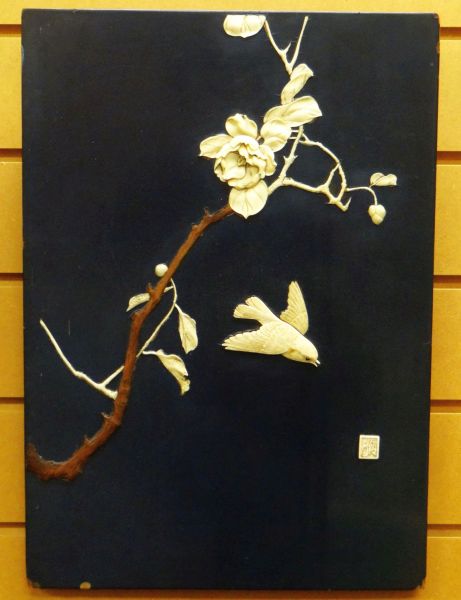 A MEIJI PERIOD JAPANESE LACQUER PANEL with mounted ivory and hardwood natural scene, signed, 45 x