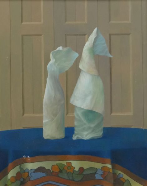 TWENTIETH CENTURY BRITISH SCHOOL oil on board - still life of wrapped bottles on a table cloth