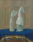 TWENTIETH CENTURY BRITISH SCHOOL oil on board - still life of wrapped bottles on a table cloth