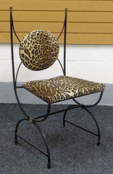 A SET OF SIX SALON CHAIRS with looping metallic frames and faux-leopard skin covered seats and - Image 2 of 2