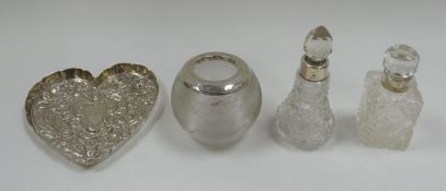 A SILVER HEART-SHAPED DISH & THREE SILVER / GLASS ITEMS