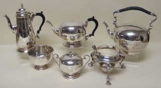A FIVE PIECE SILVER TEASET comprising coffee-pot, tea-pot, spirit-kettle with stand, sugar-basin and