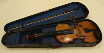 A VIOLIN IN AN RAF PERSONNEL WOODEN CASE, the violin unmarked without labels, the case inscribed