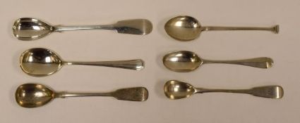 SIX ENGLISH SILVER SPOONS including two mustard spoons, Exeter 1851 and London 1838, 3.2ozs total