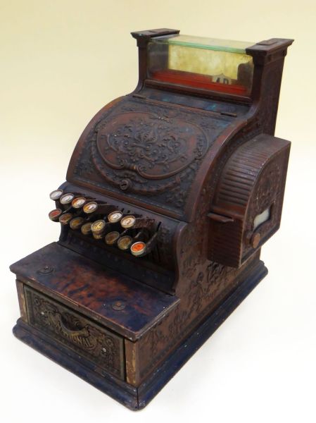 A NATIONAL CASH REGISTER model no.317, in brass and wood, for restoration, 28cms wide