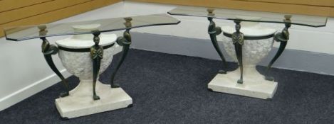 A PAIR OF GLASS TOP SIDE TABLES on figural and faux-marble bases in the classical Egyptian style,