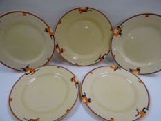 FIVE CLARICE CLIFF BIZARRE RANGE DINNER-PLATES (some chips), 26cms diam