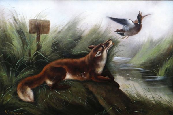 ROBERT CLEMINSON oil on canvas, a pair - sequential fox studies, the first chasing a mallard and the